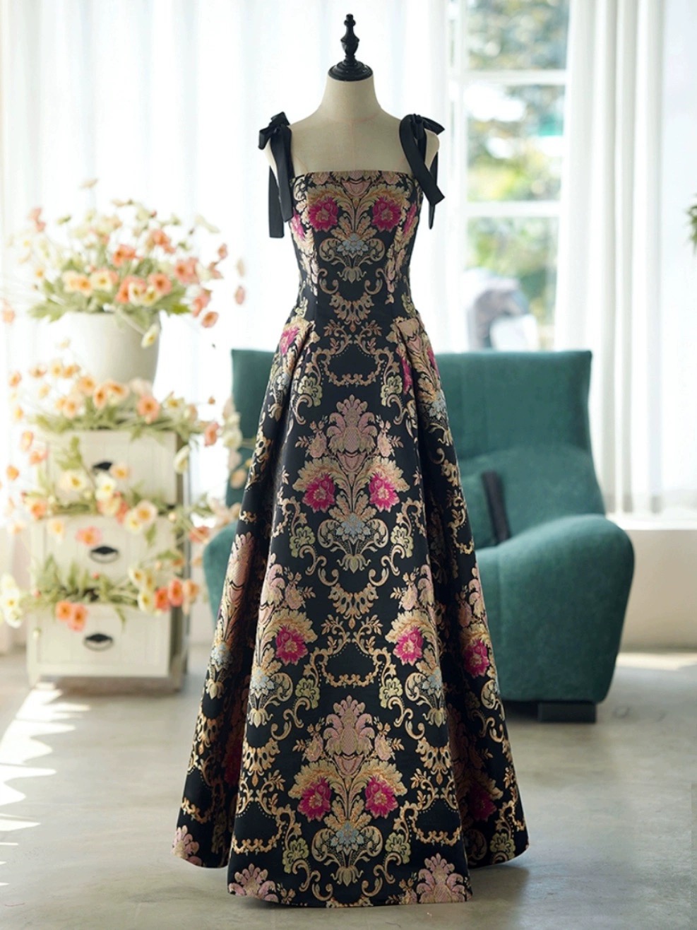 open lace back dress Princess Yellow Floral Long Prom Dress with Embroidery – FancyVestido