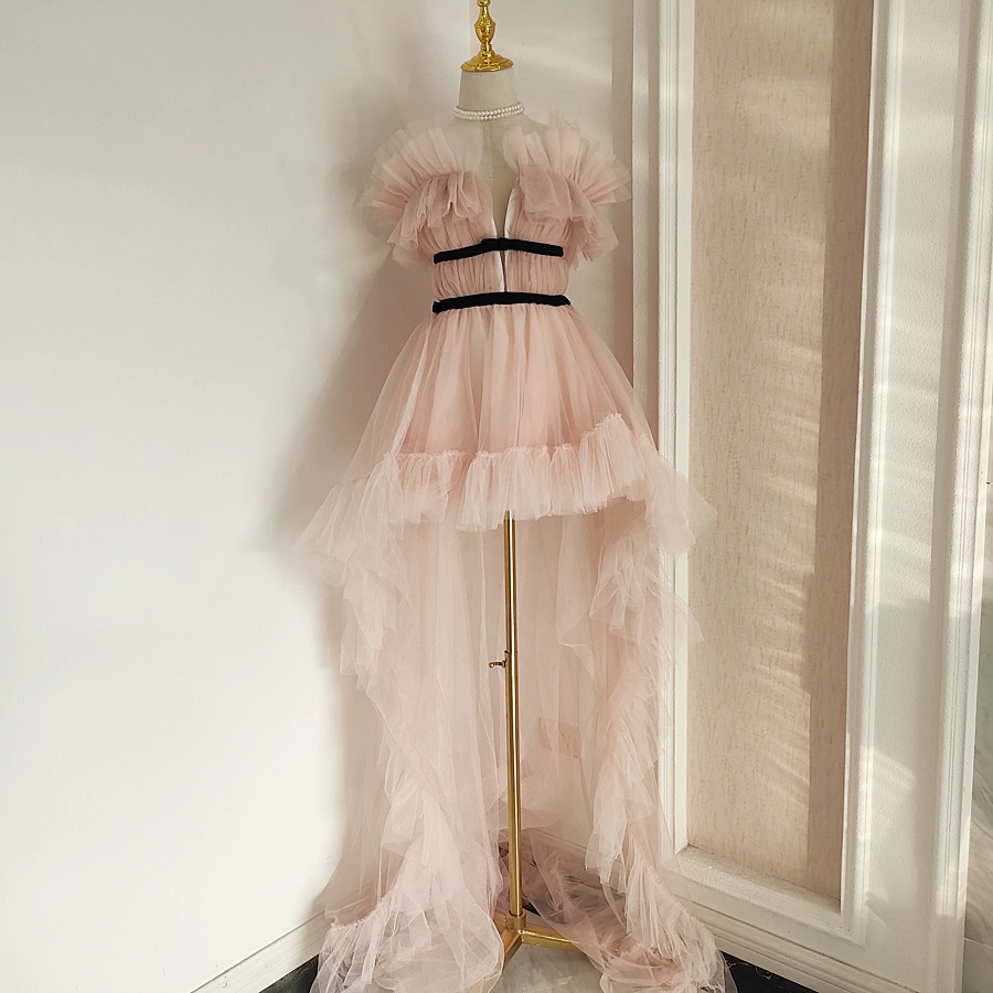 open lace back dress Pink V Neck High Low Long Prom Dress, Pink Tulle Formal Graduation Dresses Custom Size / Custom Color main image 1