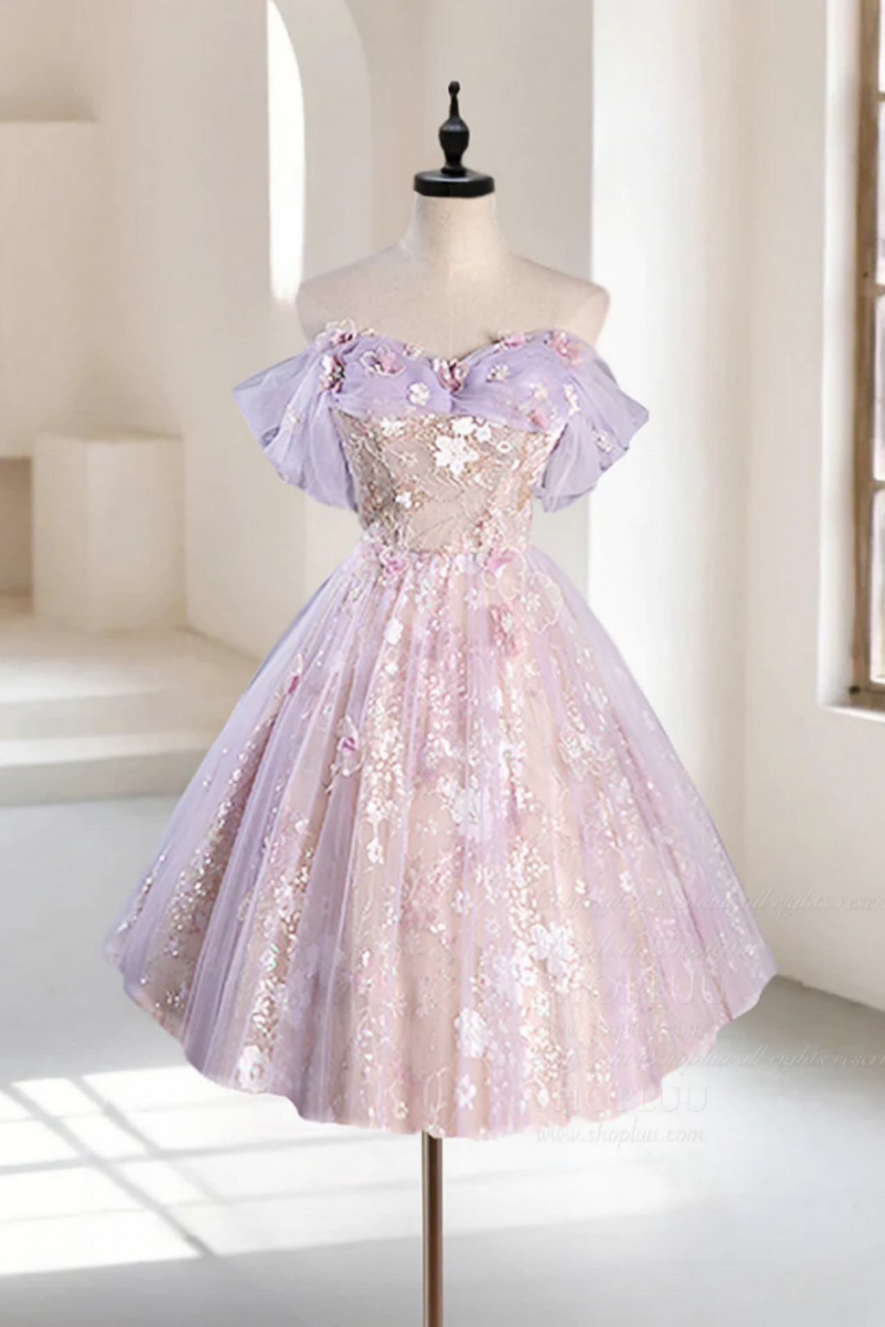 A Line Off Shoulder Tulle Lace Purple Short Prom Dress, Cute Purple Homecoming Dress