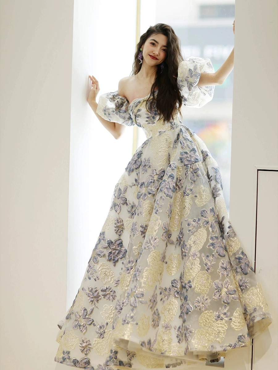 Princess Puff Sleeve Jacquard Satin Dress, Oil Painting Style Evening Dress