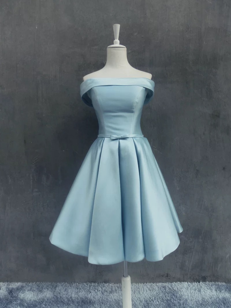 Lake Blue Prom Dresses Satin A Line Simple Party Gown Short Homecoming Dress Cute Bridesmaid Dress