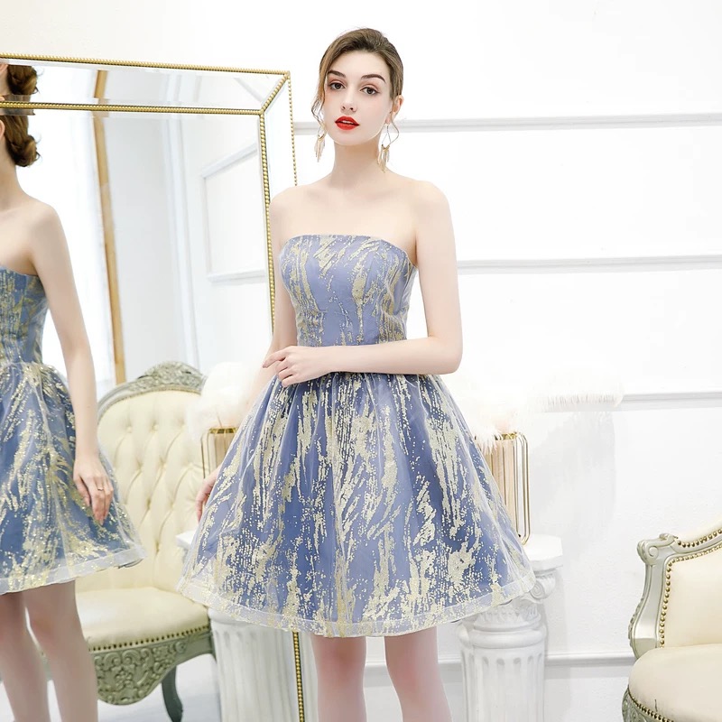 Strapless Party Dress Blue Homecoming Dress Unique Graduation Dress