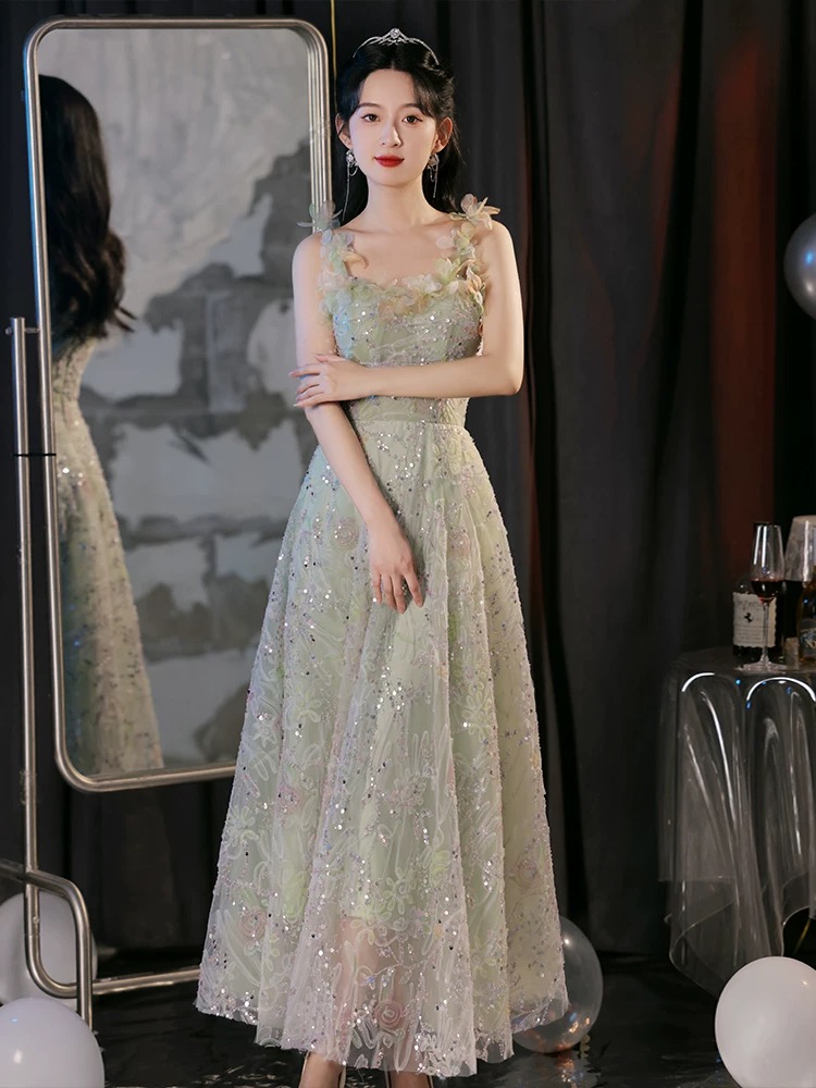Fairy Green Evening Dress, Unique Party Dress Chic Flower Prom Dress