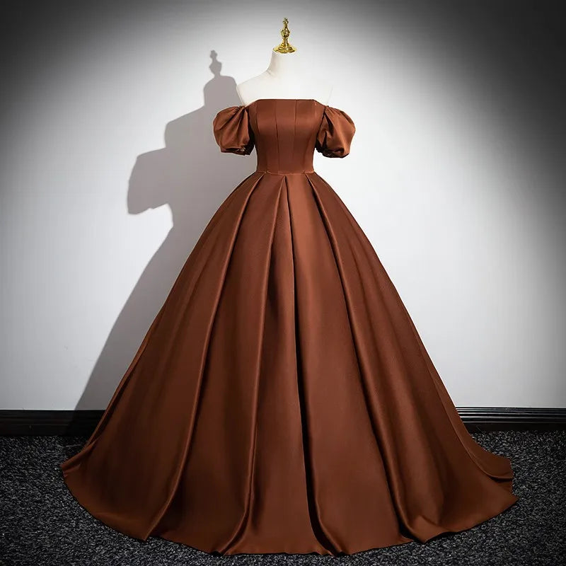 puffy elegant dress A-Line Off The Shoulder Taffeta Prom Dress With Short Puffy Sleeves, Navy Blue / 14