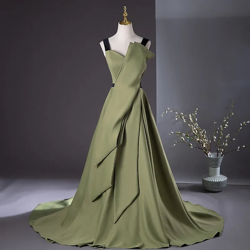 Olive Green Strapless Gown With Flowing Train