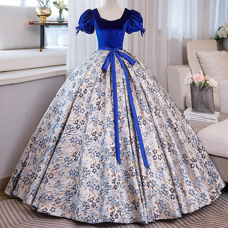 blue victorian style dress Royal Blue Beaded Lace Wedding Gown Halter Neck Quinceanera Dress – Rosymae main image 0