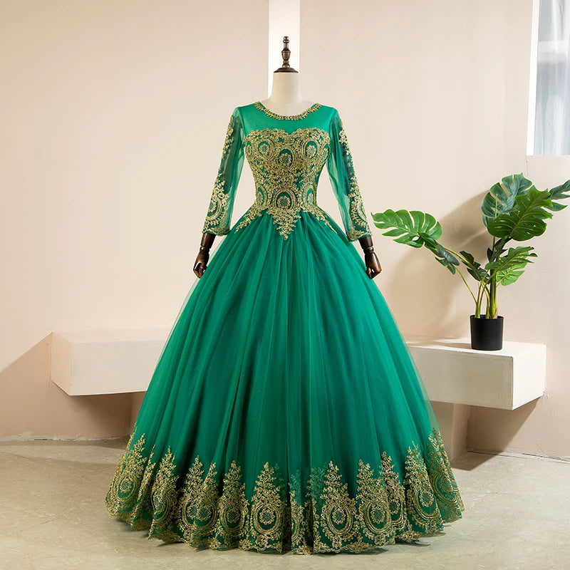 Emerald Green Gown With Gold Embroidery Details