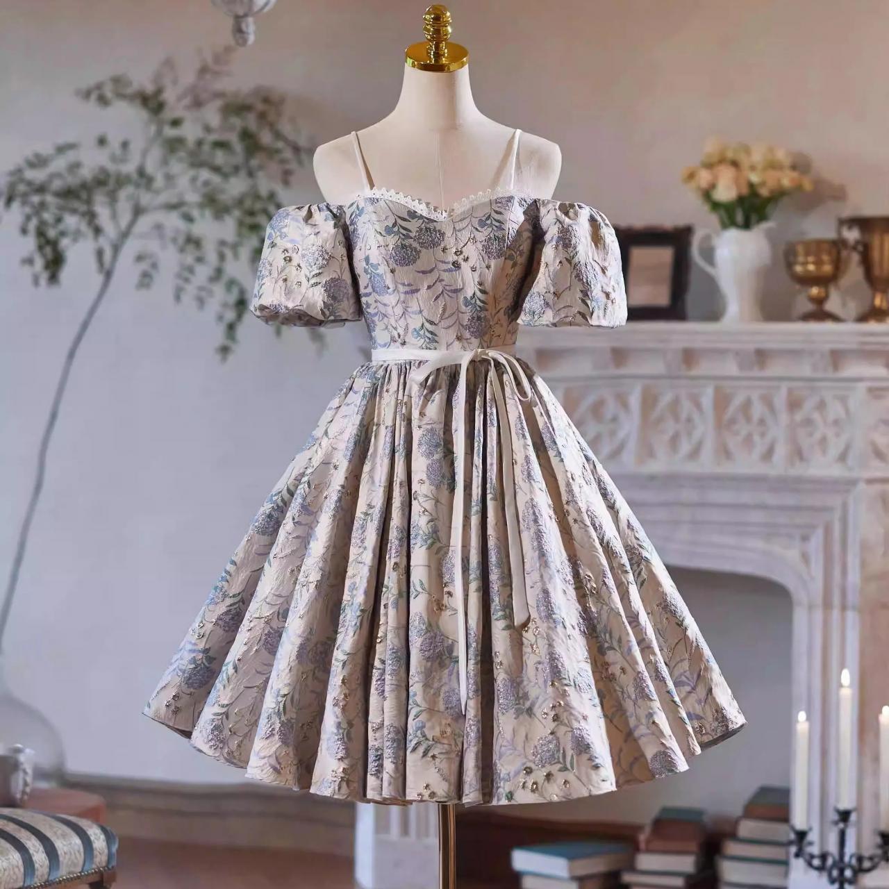 Vintage Floral Off-shoulder Puff Sleeve Dress