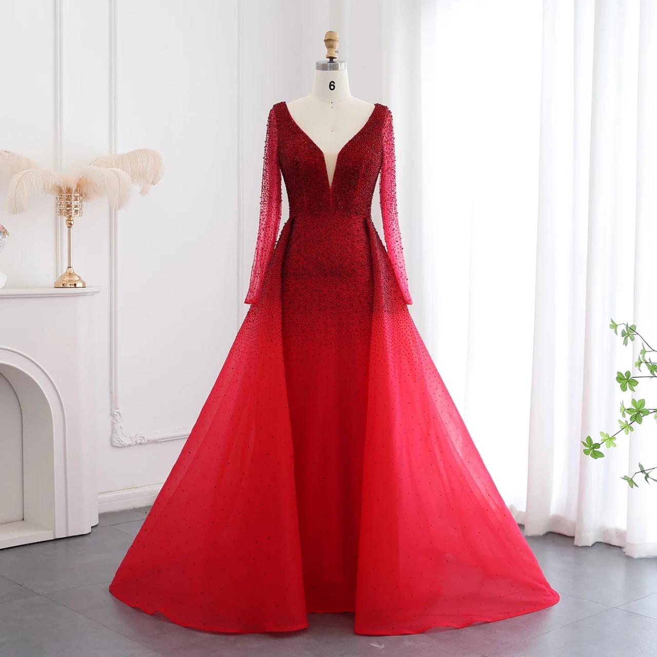 fitted lace wedding dress Long Red Satin Evening Dresses, Sheer Neckline Long Sleeve Beaded Afri –  Simplepromdress
