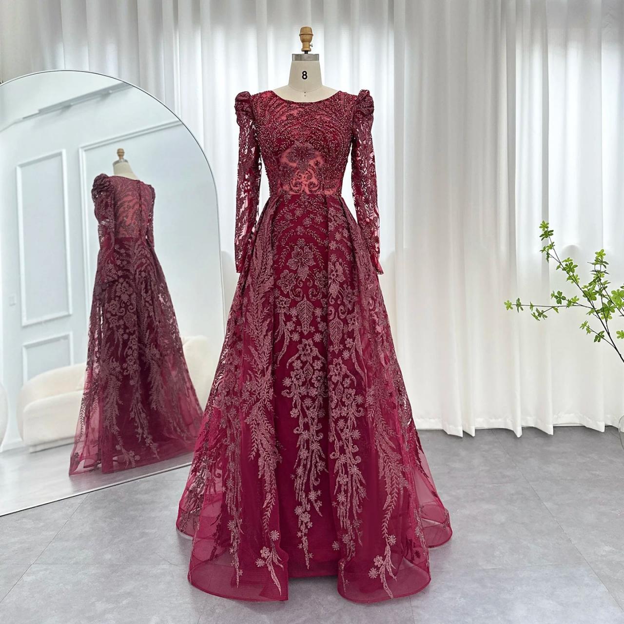 Burgundy Lace Gown With Embroidered Long Sleeves on Luulla