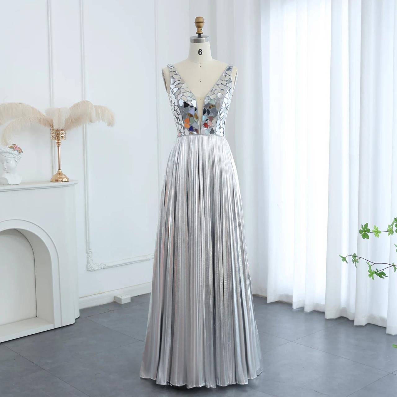 Sequin Silver V-neck Long Evening Gown on Luulla