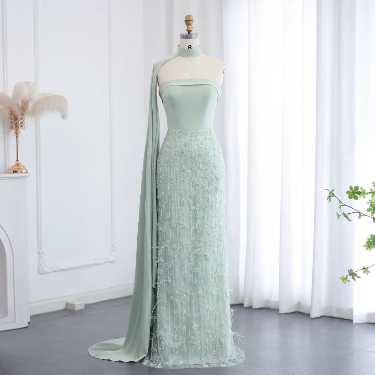 Strapless Sage Gown With Fringe And Sash