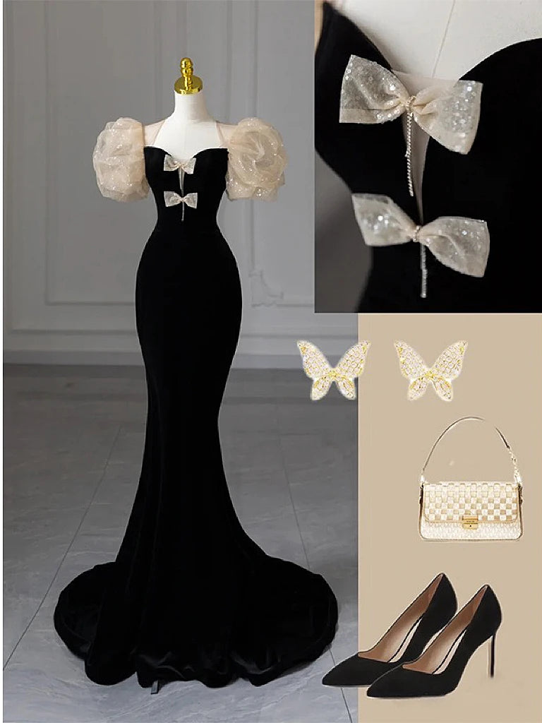 Black Strapless Gown With Bow Details on Luulla