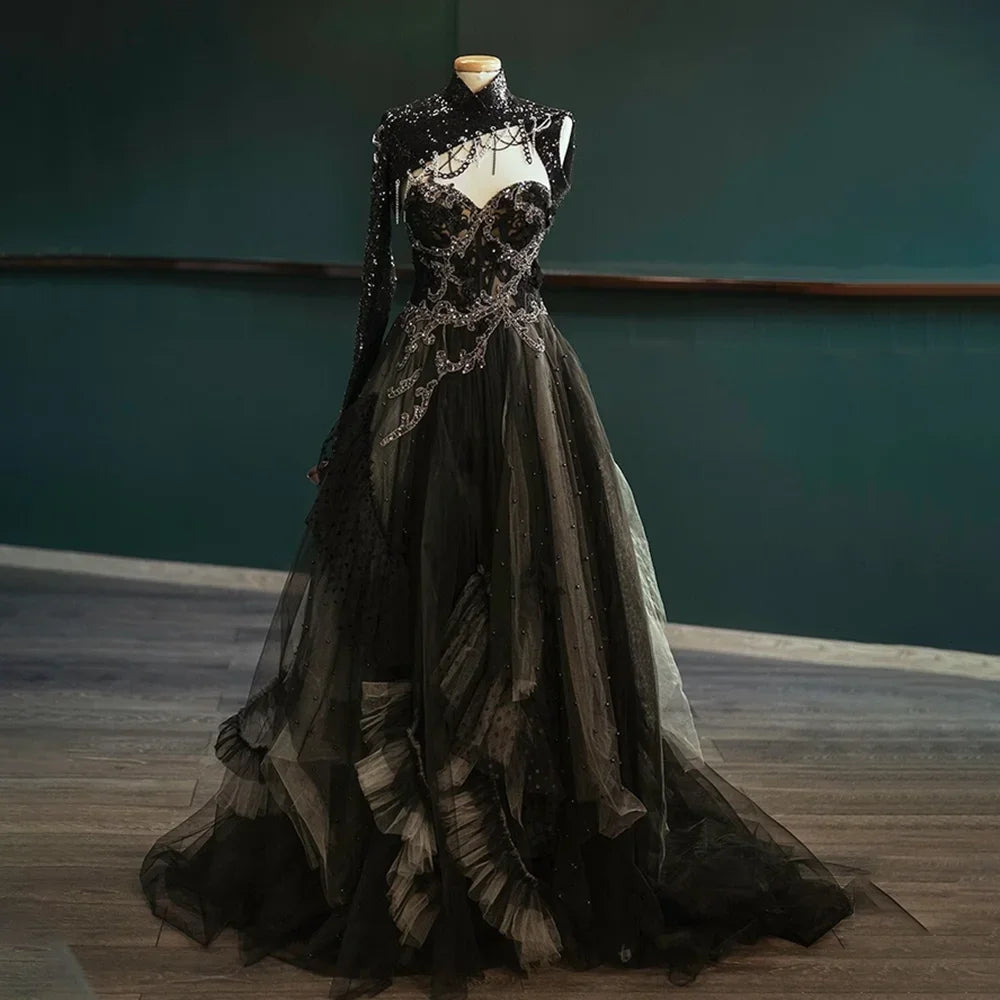 Stunning Black Lace One-shoulder Evening Gown