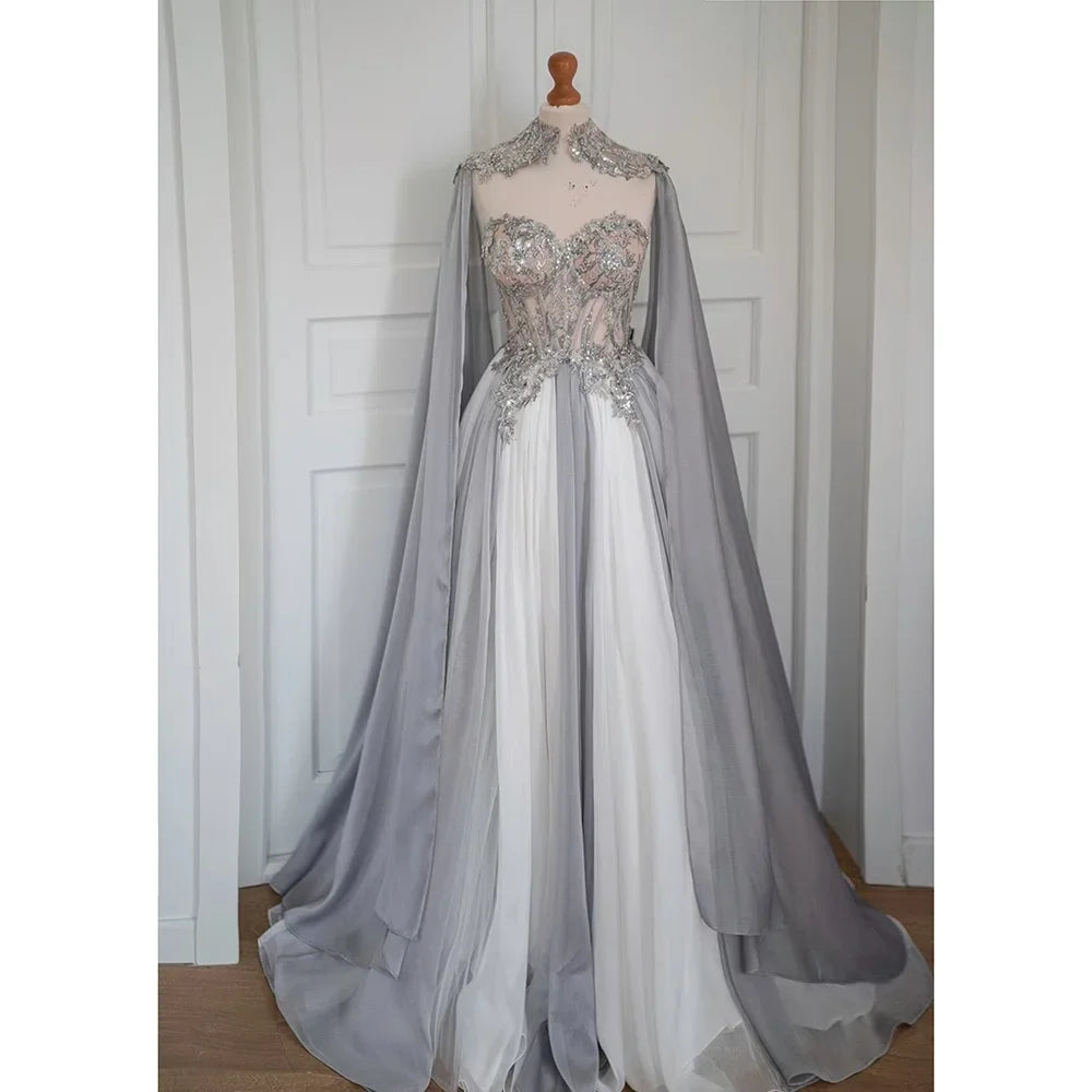 Exquisite Silver Evening Dress With Cape Detailing on Luulla
