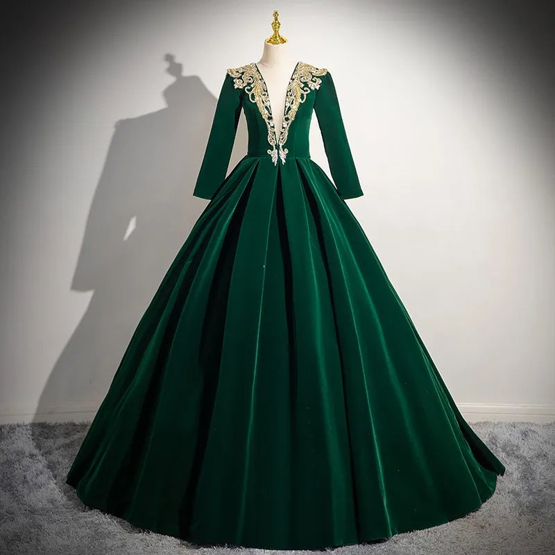 Vintage Green Velvet Gown With Gold Embroidery