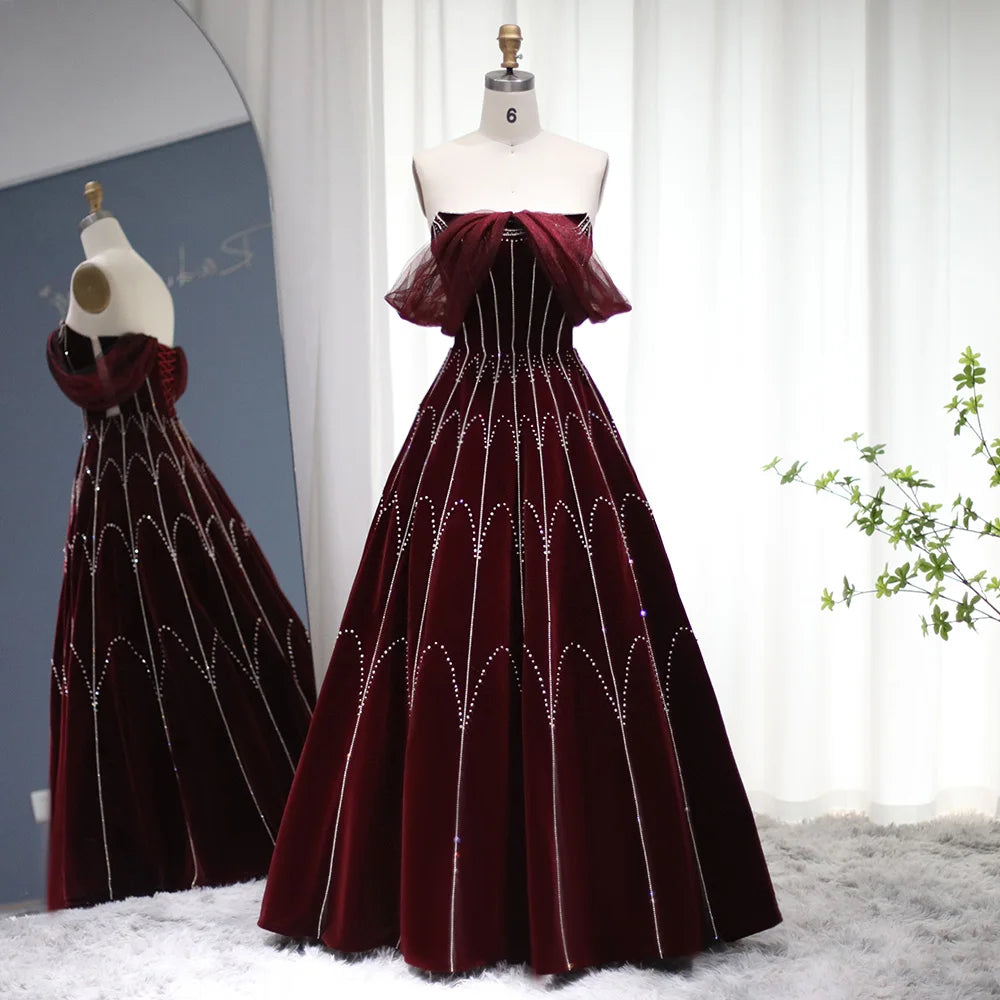 Off-Shoulder Burgundy Gown with Rhinestone Detailing