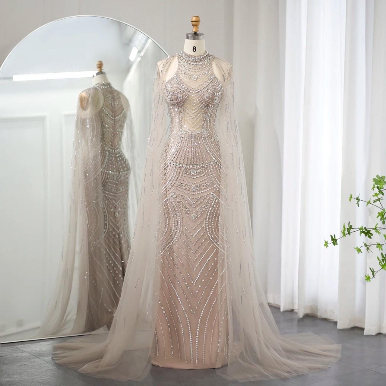 Sparkling Beaded Gown With Sheer Cape Overlay on Luulla