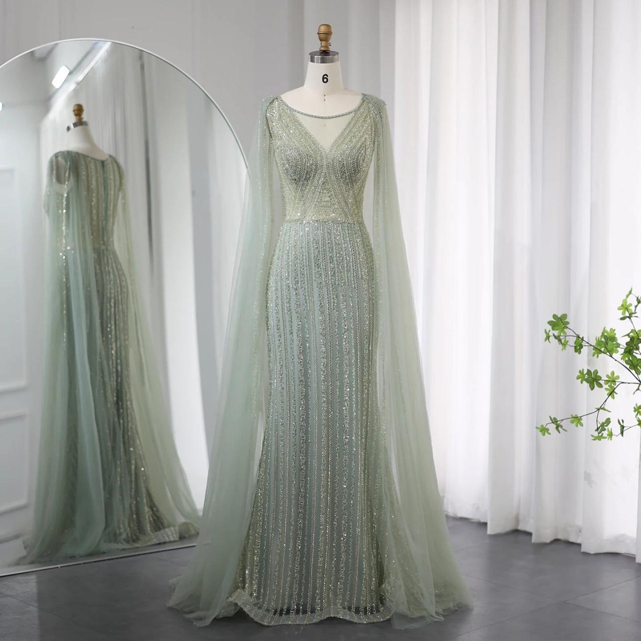 Sparkling Green Gown With Sheer Cape Overlay on Luulla