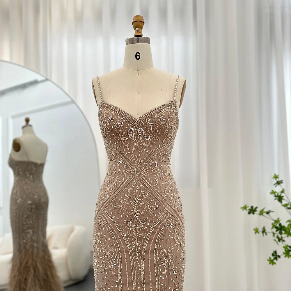Sparkling Beaded Gown With Feathered Hem Design on Luulla
