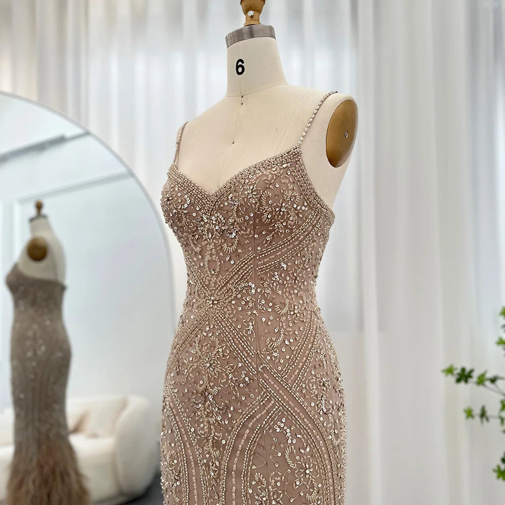 Sparkling Beaded Gown With Feathered Hem Design on Luulla