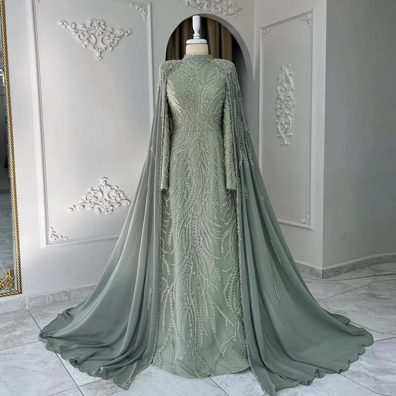 fitted lace wedding dress Engerla Luxury Pearls Muslim Mermaid Evening Dress Women High Neck Long  Cape Sleeves Formal Prom Party Gowns US2 Skin Pink at Amazon Women's  Clothing store main image 0