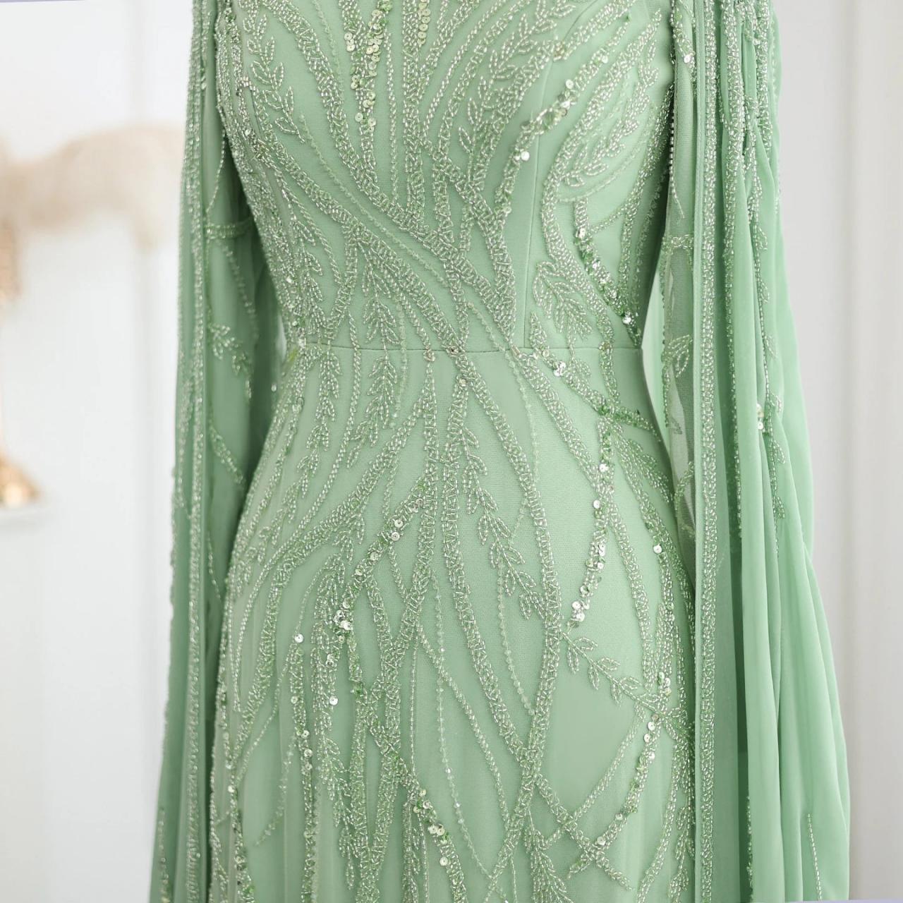 Sharon Said Luxury Beaded Sage Green Muslim Evening Dress With Cape Long  Sleeves Arabic Dubai Women on Luulla