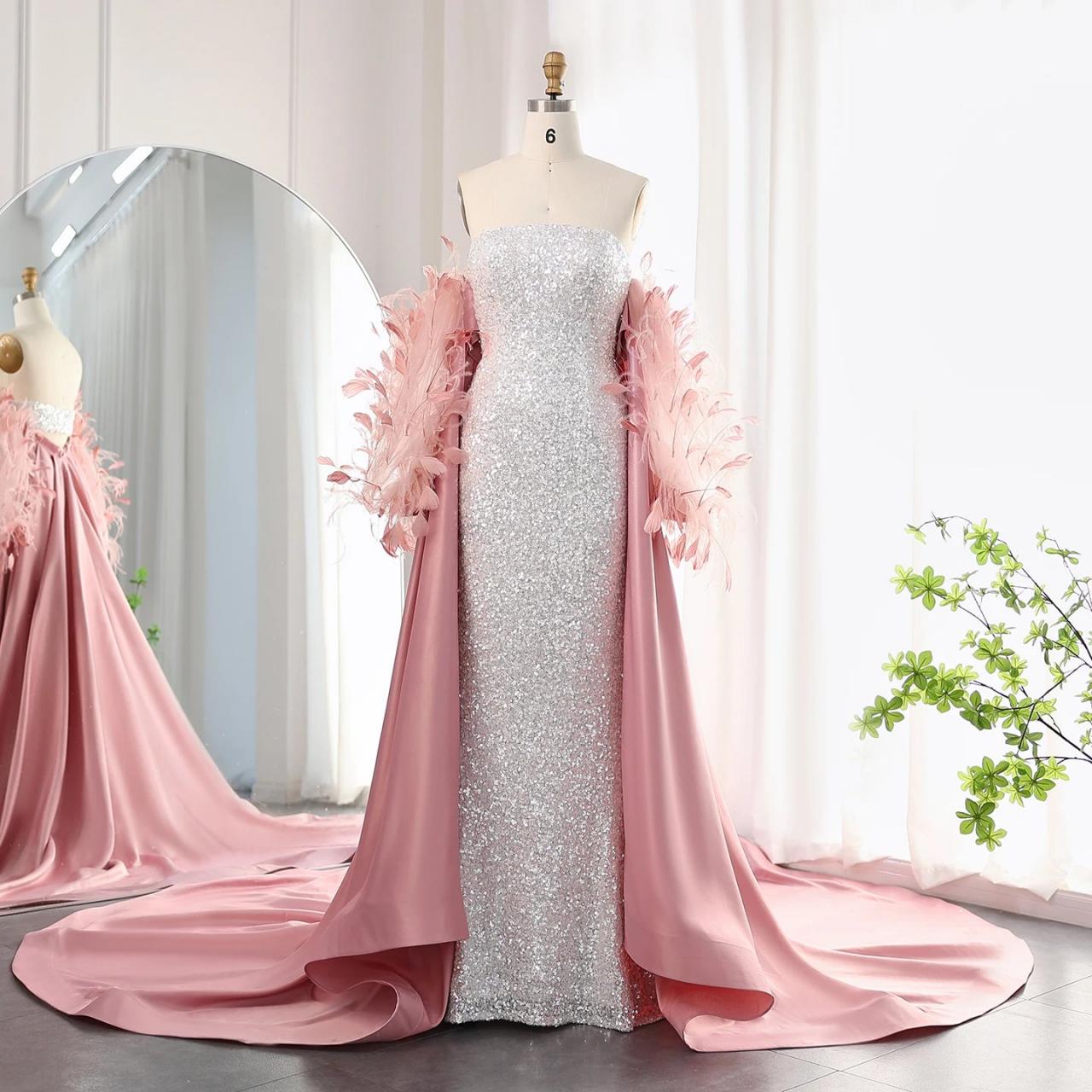 Sharon Said Luxury Dubai Feathers White Sequined Mermaid Evening Dresses With Cape Long Sleeves Arabic Wedding Party Dress Ss235