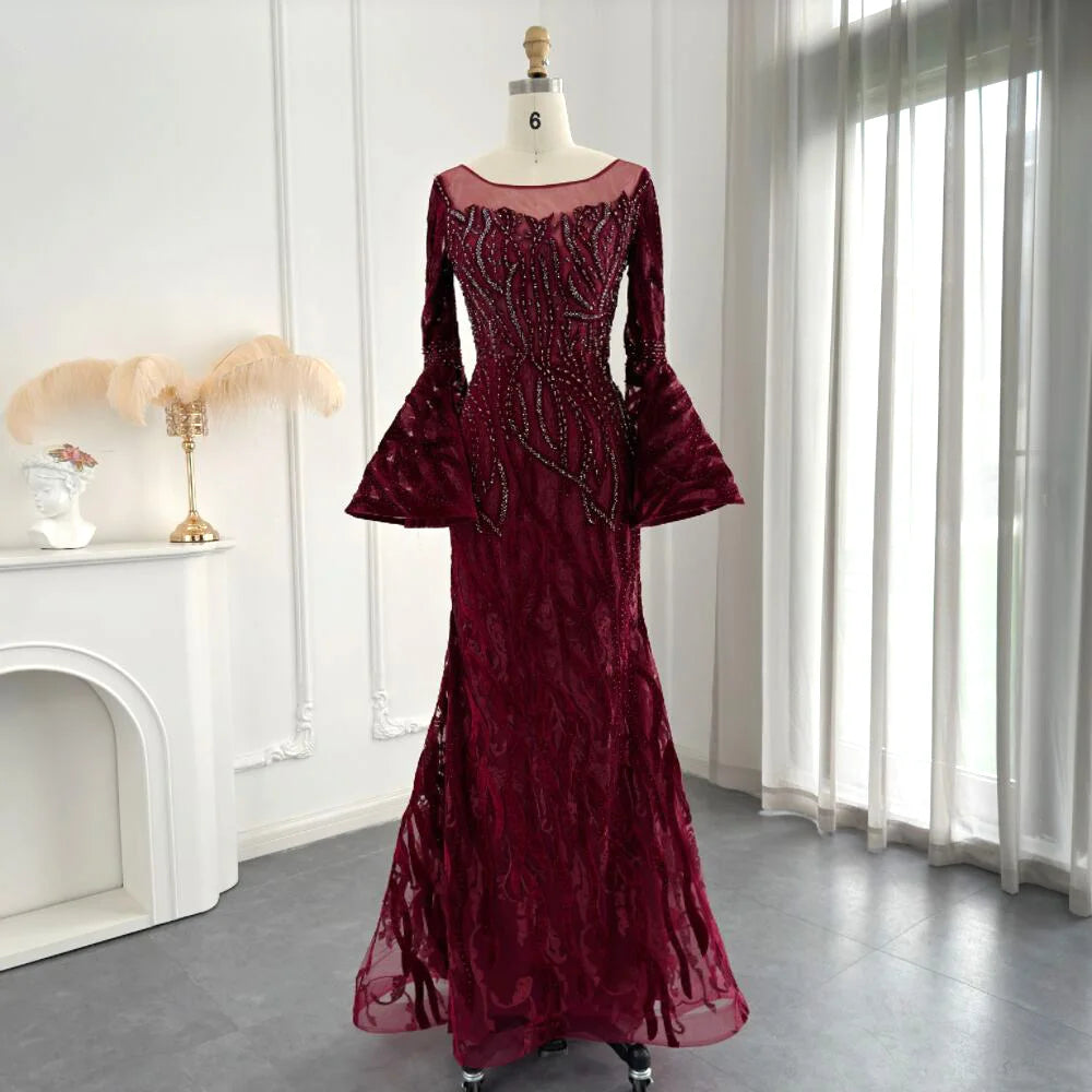 Burgundy Lace Gown With Bell Sleeves Detailing