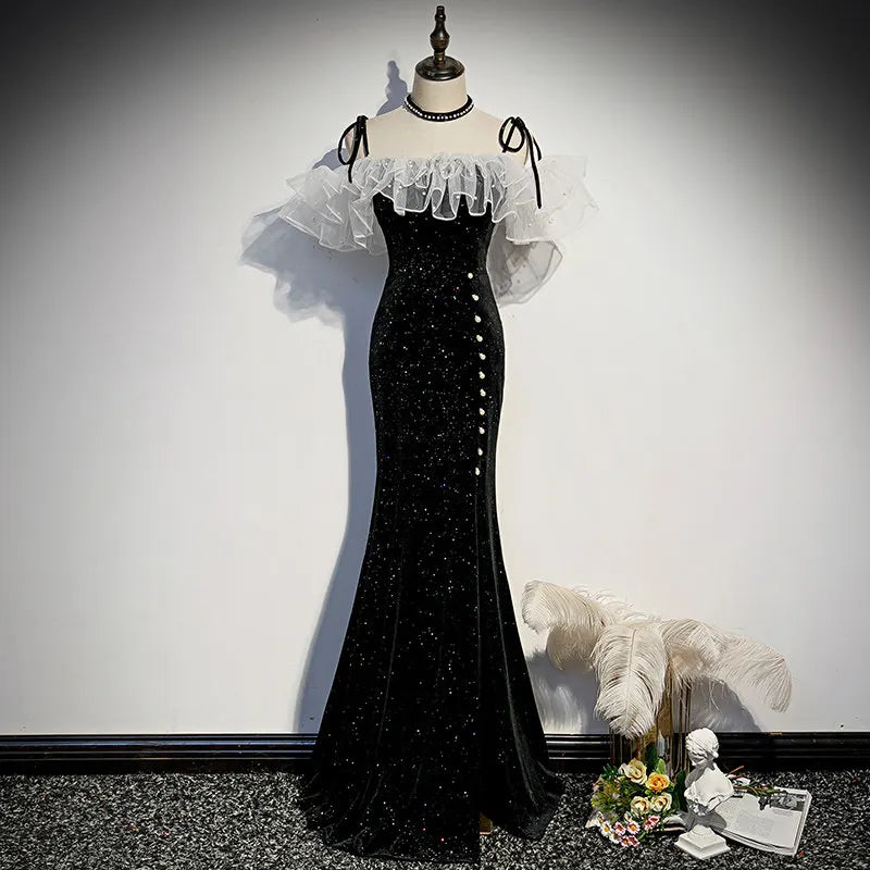 Black Off-shoulder Ruffled Gown With Buttons