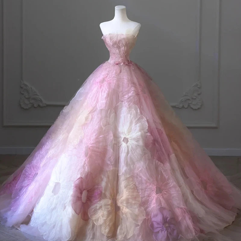 Exquisite Pastel Floral Strapless Tulle Ball Gown