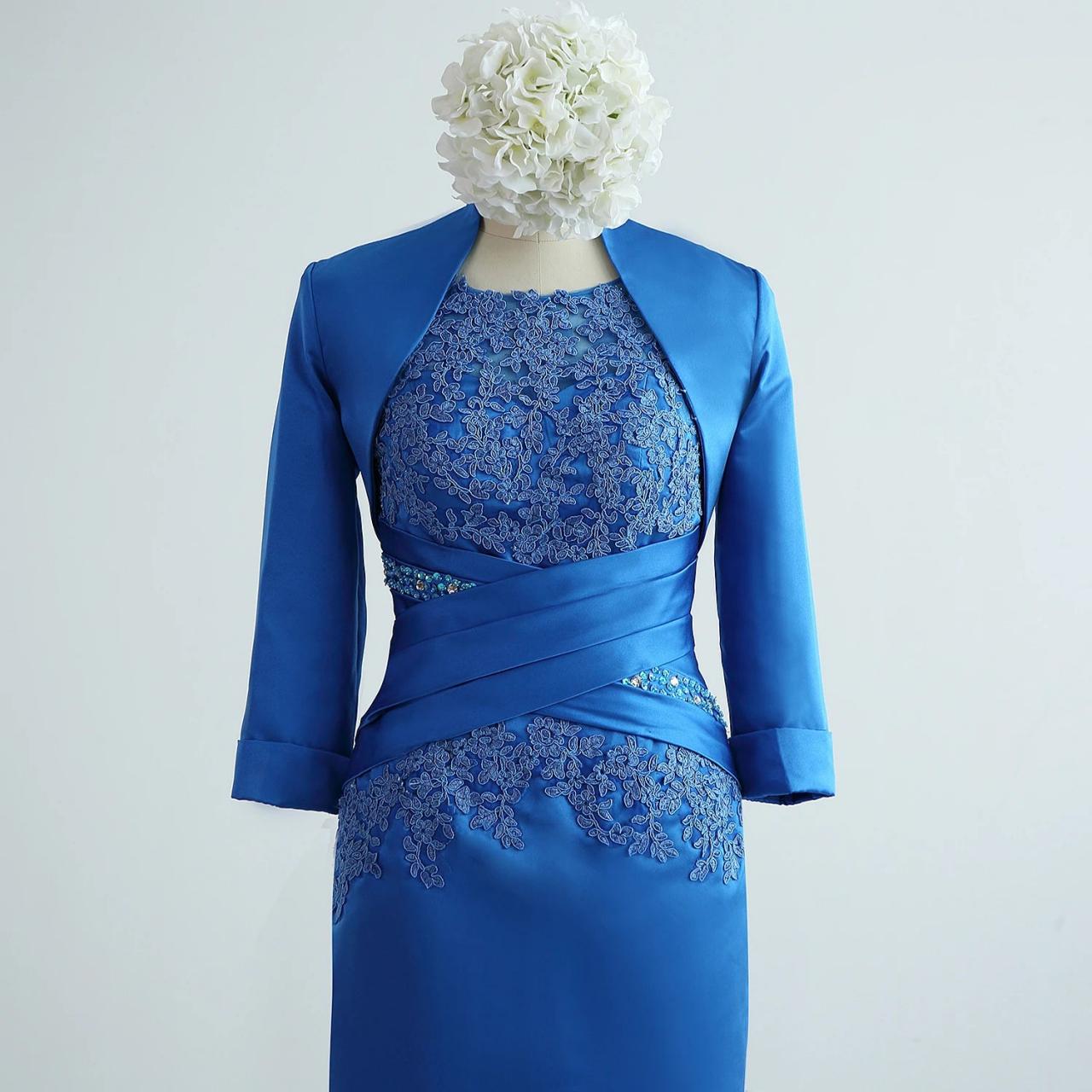 Blue Lace Satin Dress With Bolero Jacket