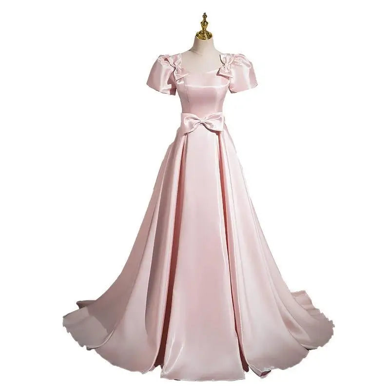 Satin V-Neck Gown with Puff Sleeves and Bow Taupe