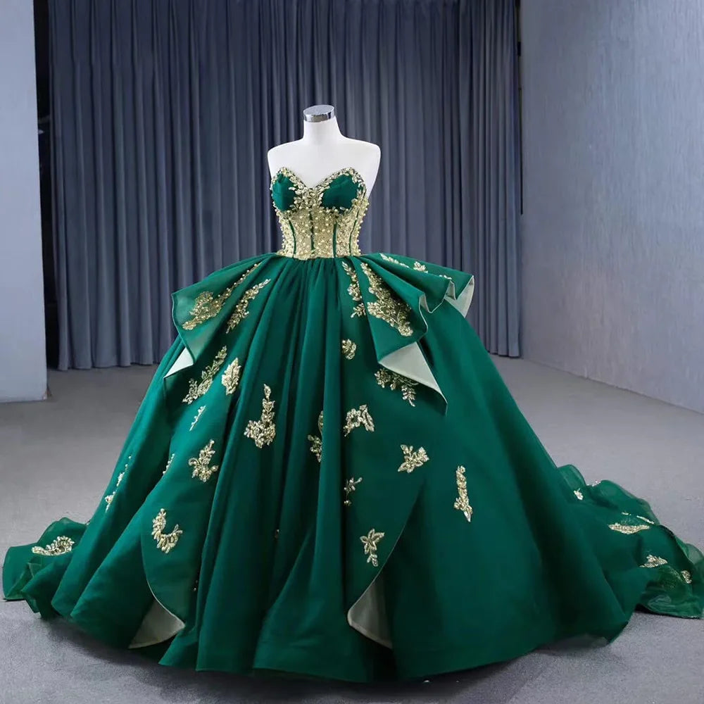 Luxury Sweetheart Sleeveless Evening Dress Green Exquisite Appliques Pearls Sequined Floor Length Ball Gowns Prom Party Dresses