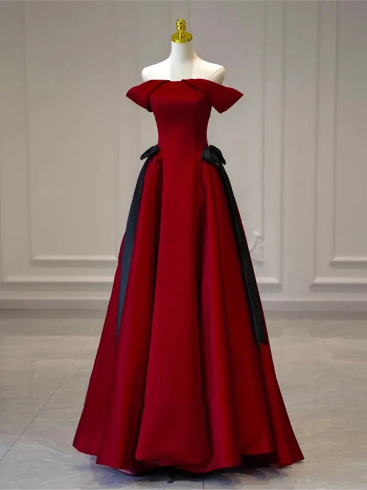 Off-shoulder Satin Toast Dress Temperament Engagement Wine Red Slimming on  Luulla