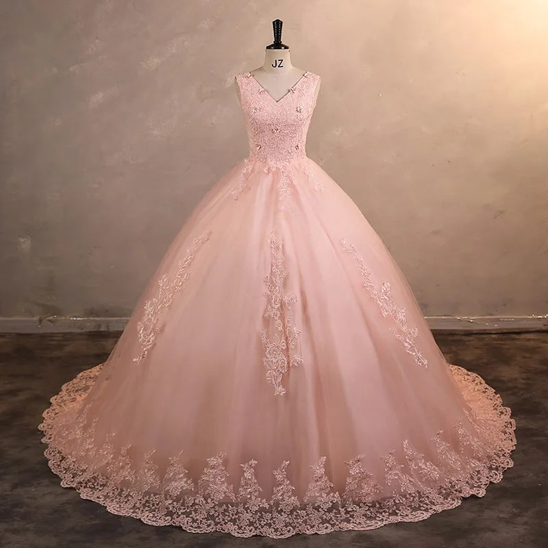 Luxurious Lace Pink Ball Gown Wedding Dress