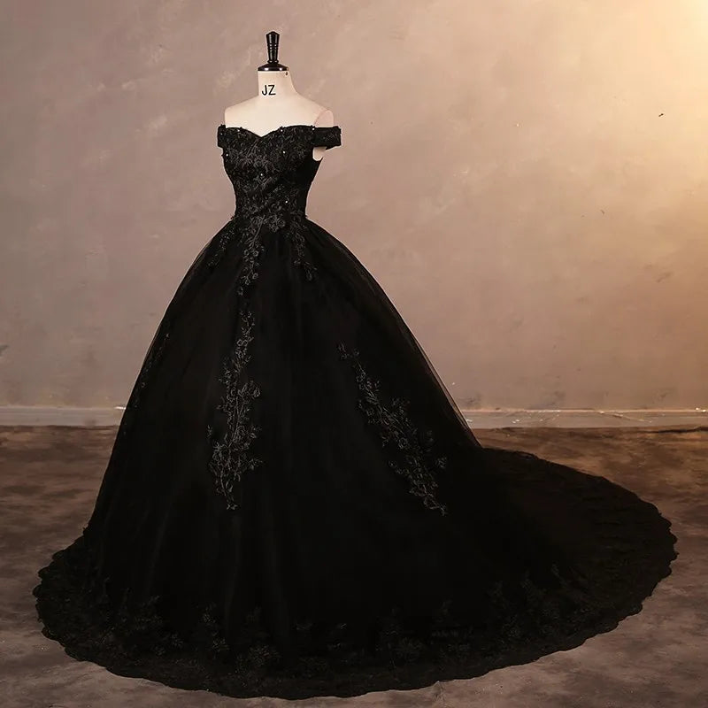 Off-shoulder Black Lace Gown With Train