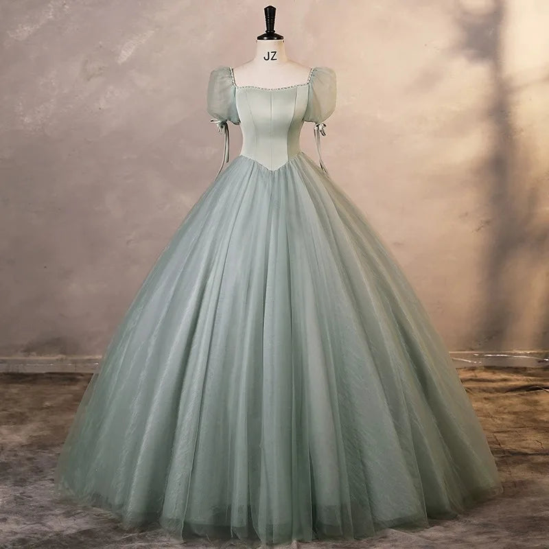 Vintage Puff Sleeve Green Tulle Ball Gown