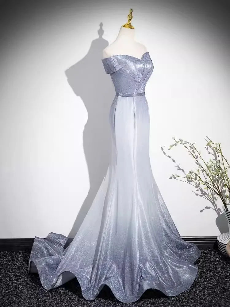Stunning Silver Satin Gown With Flowy Skirt