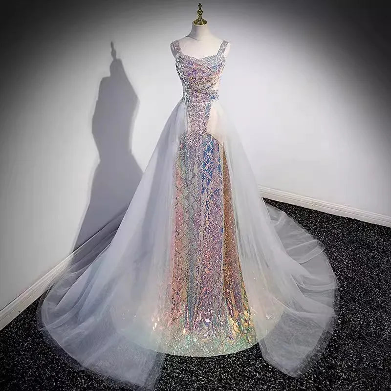 iridescent sequin wedding dress Iridescent Sequin Gown With Sheer Tulle Overlay