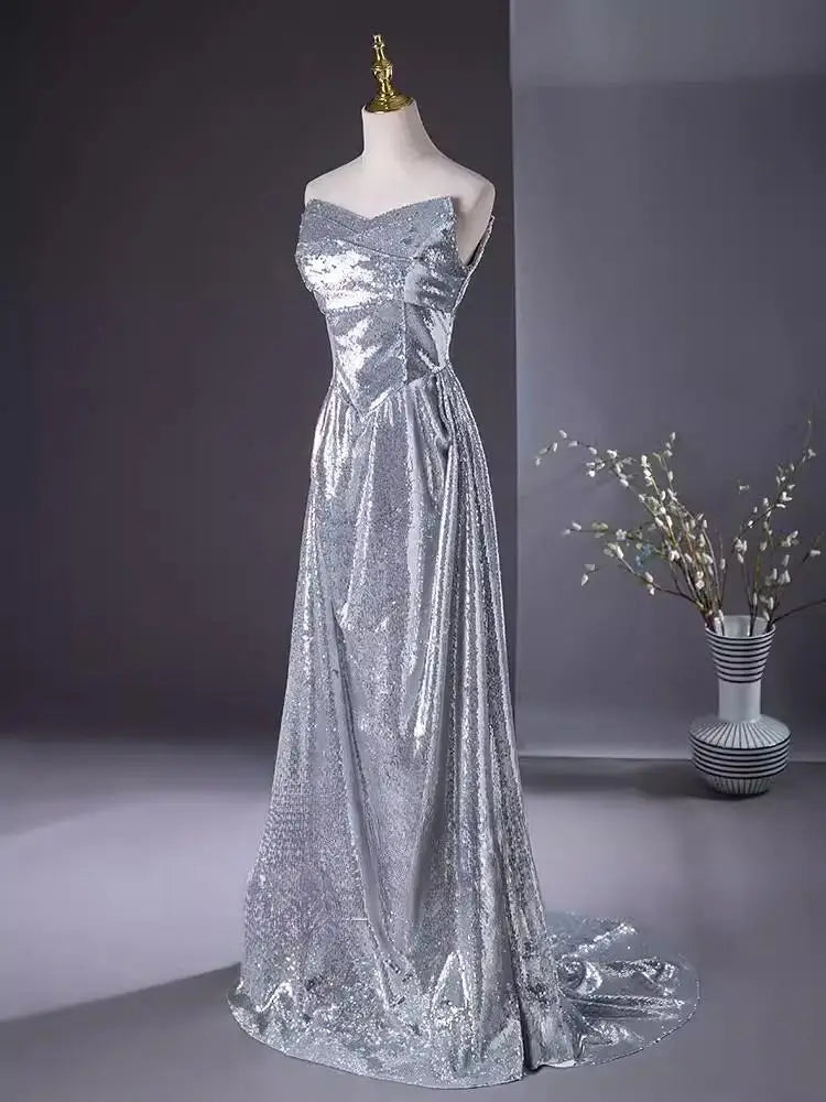 Satin Long Gown with Ruffled Sash Detail Silver main image 1