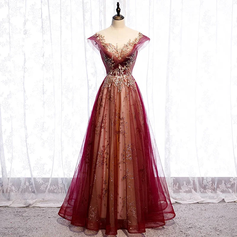 Floral Embellished Burgundy Evening Gown With
