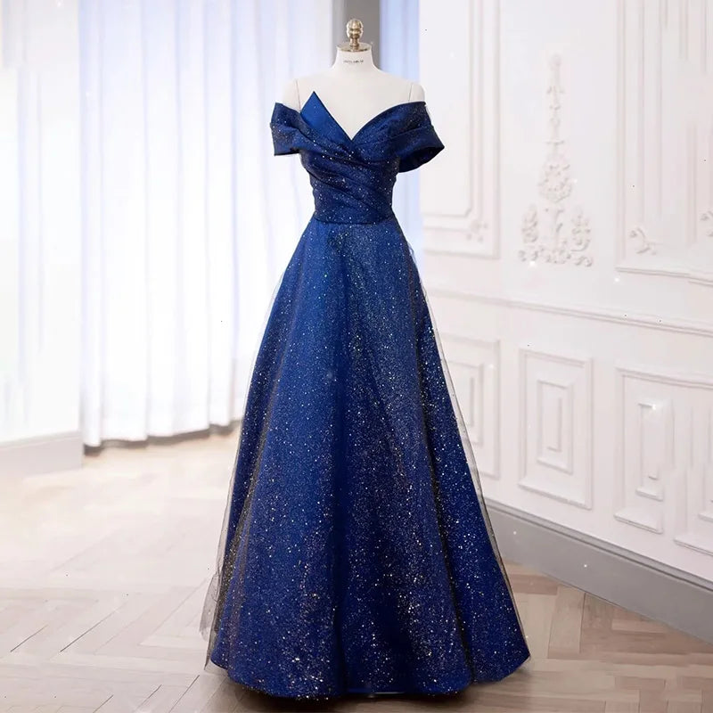 Off-shoulder Blue Sequin Evening Gown Dress