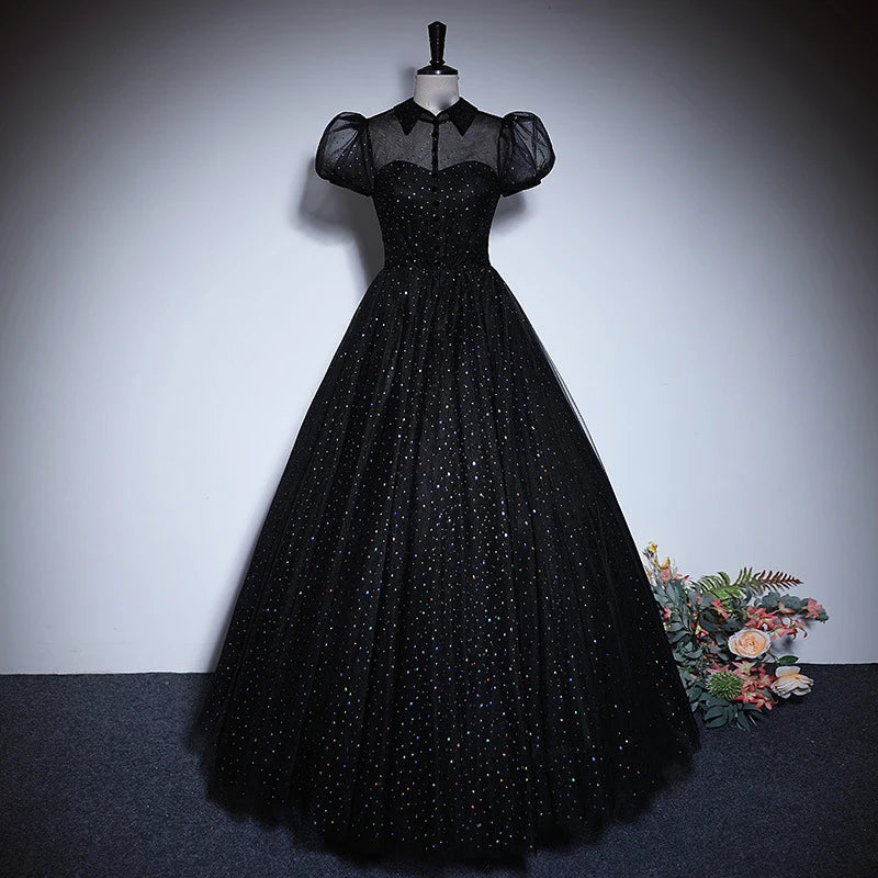 Black Sparkly Sheer Mesh Puff Sleeve Gown