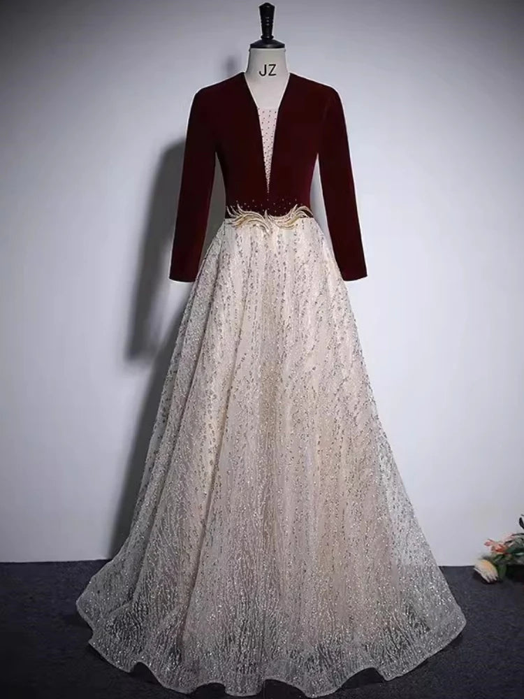 Saudi Arabic Muslom Long Sleeve Evening Dresses V Neck A Line Floor Length  Wedding Guest Party Dress on Luulla