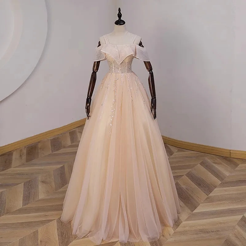 Off-shoulder Peach Gown With Embellished