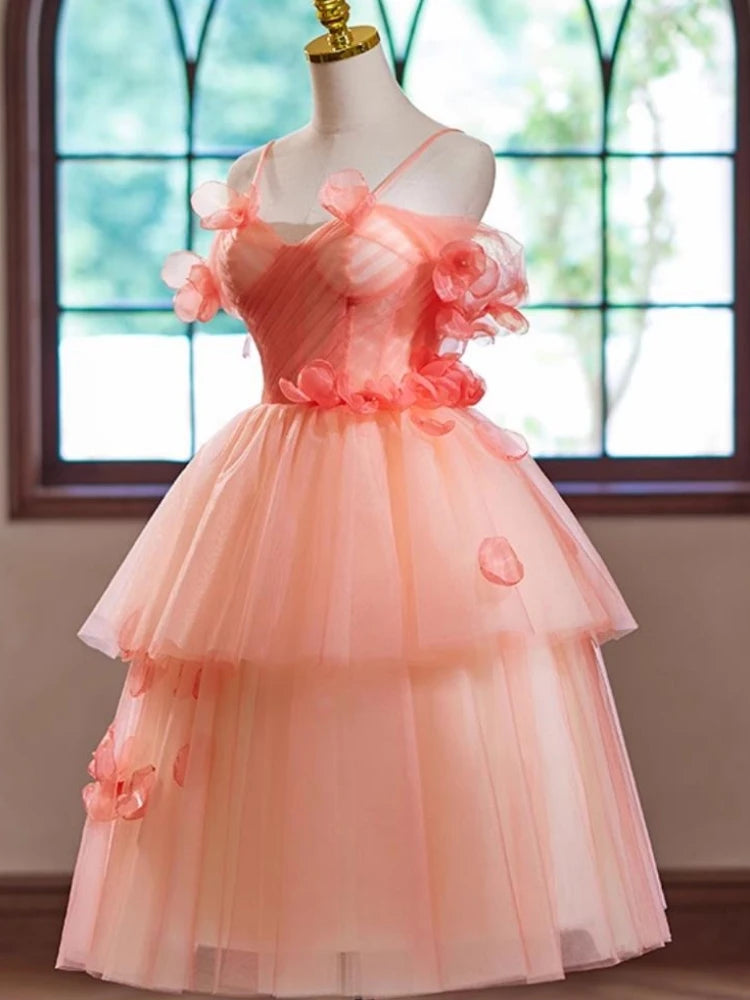 Peach Floral Layered Tulle Party Dress