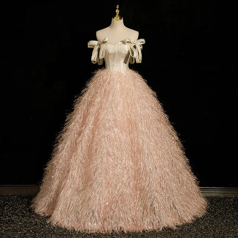 Off-shoulder Feathered Gown With Bow Details on Luulla