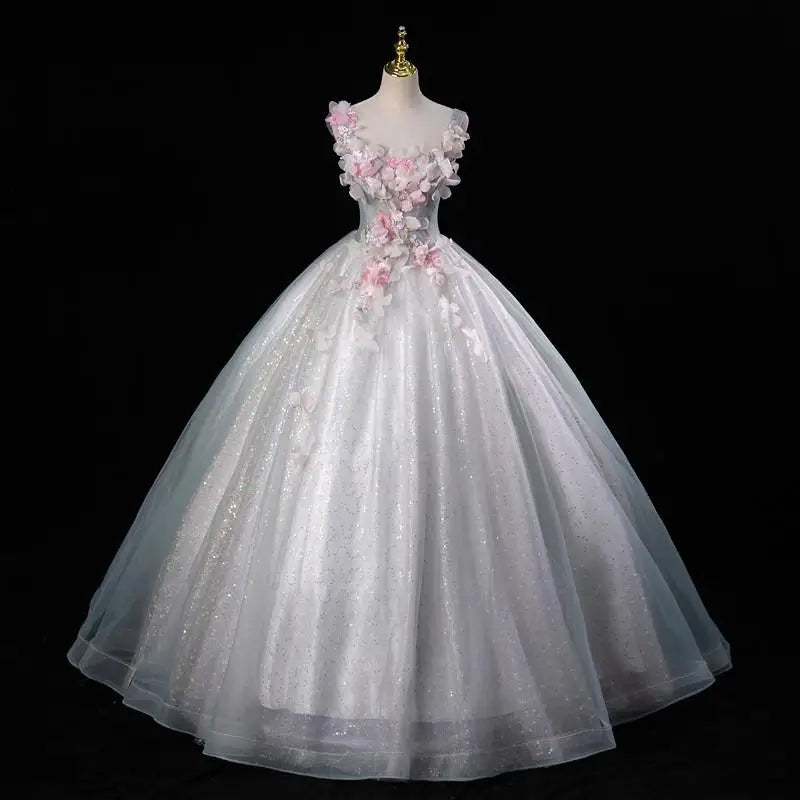 blue dress for baby girl Strapless Tulle Ball Gown Dress with Pink Floral Flowers main image 1