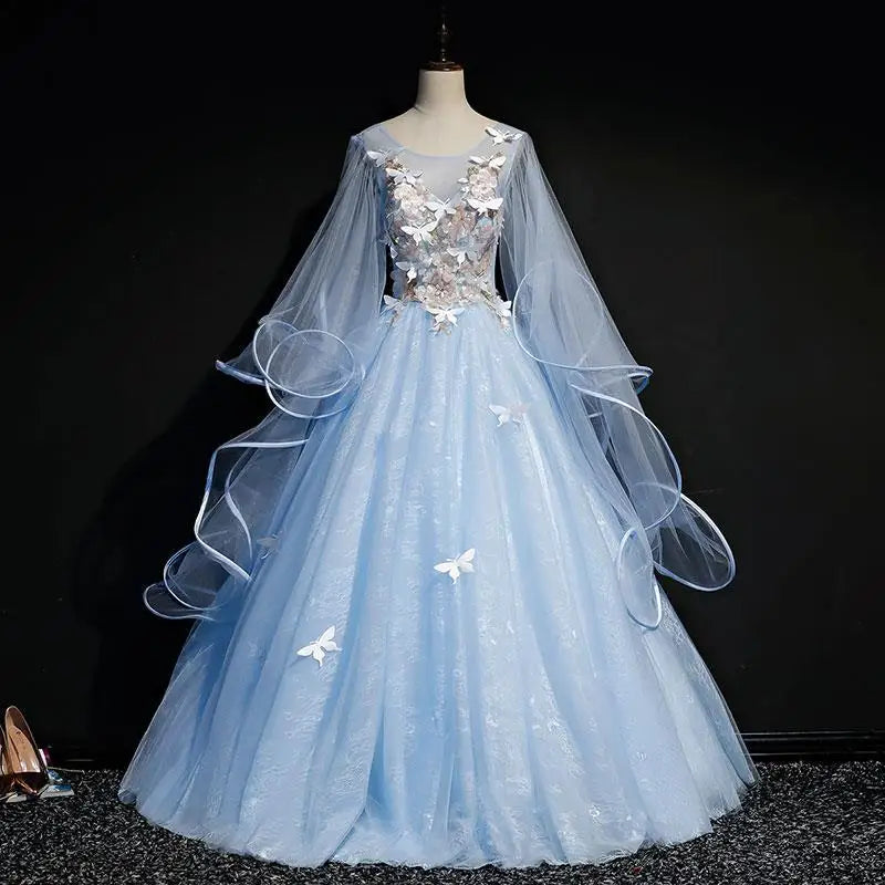 Exquisite Blue Gown With Floral Applique Details on Luulla